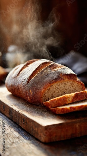 Artisanal Bread: A warm loaf of freshly baked, crusty bread, sliced on a wooden board, with steam rising, evoking a sense of home and comfort. 