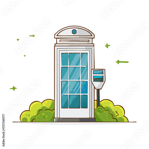 Classic Style White Telephone Booth with Parking Meter and Green Bushes Illustration