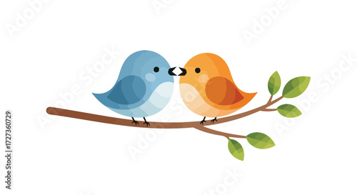 Two adorable birds perched on a branch sharing a tender moment.
