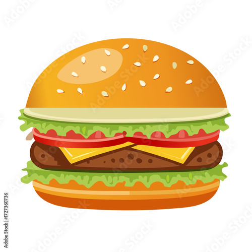 Classic cheeseburger vector illustration with beef patty, lettuce, tomato, and cheese on a sesame seed bun