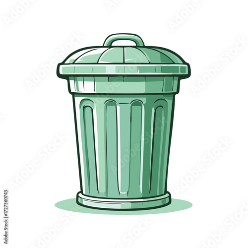 Green trash can with lid cartoon vector illustration for waste management and recycling concepts