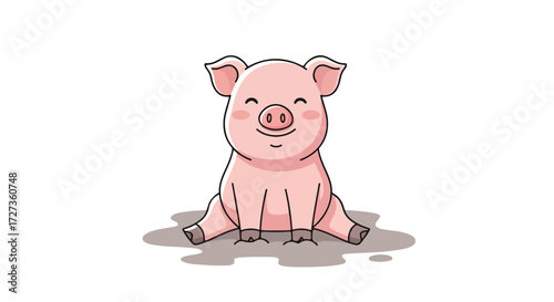 Cute cartoon pig sitting happily with closed eyes and a smile.