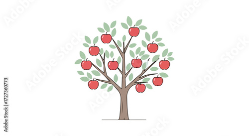 Vibrant Apple Tree Illustration with Ripe Red Fruits and Green Leaves.