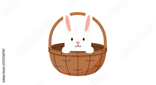 Cute white cartoon rabbit sitting inside a brown woven basket.