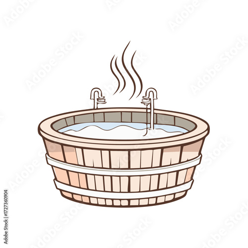 Illustration of a wooden Japanese onsen with steaming water, cartoon style