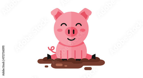Cute Pink Pig Enjoying a Mud Bath.