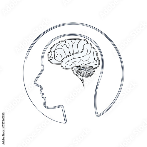 Stylized Human Head Profile Outline with Brain Silhouette Inside