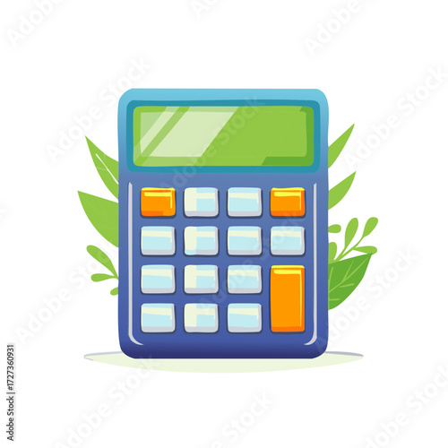 Simple Cartoon Calculator with Green Display and Orange Buttons Surrounded by Leaves
