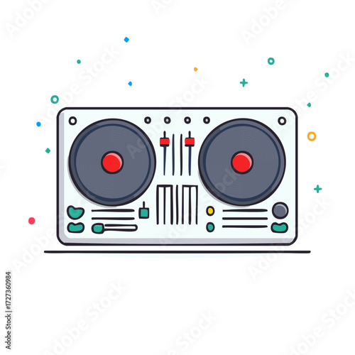 Cartoon DJ turntable controller with mixer and colorful confetti for a festive music party concept