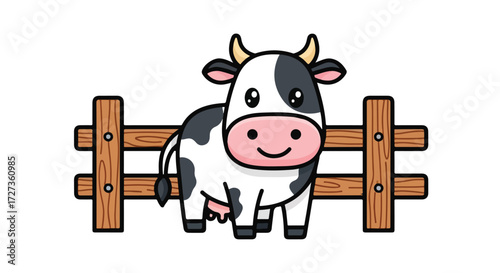 Cute cartoon cow standing behind a wooden fence on a white background.