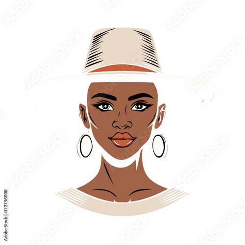Portrait of a confident dark skinned woman in a chic fedora hat with striking round earrings