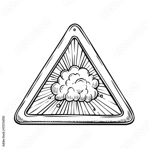 Warning triangle symbol with explosion cloud inside, hand drawn vintage style