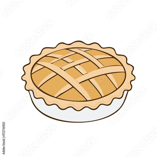Illustration of a golden apple pie with a lattice crust, ready to eat.