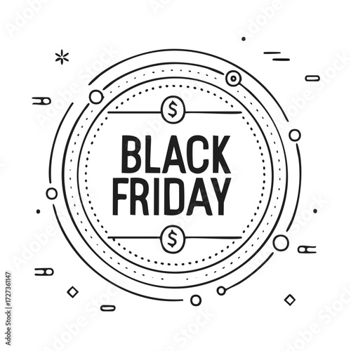 Black Friday vector illustration badge with circular line art for shopping promotion and retail discounts