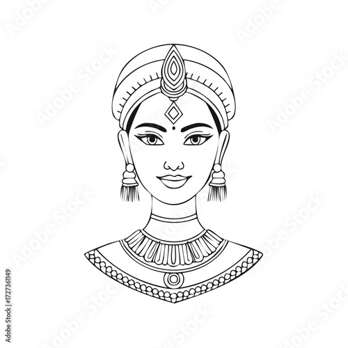 Elegant woman in traditional attire, line art illustration