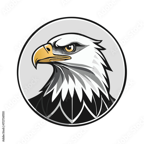 Bald eagle head icon with vector style illustration, golden beak and majestic feathers in gray circle emblem