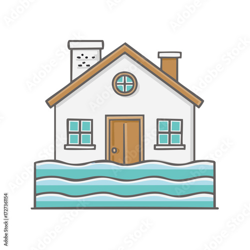 Illustration of a house submerged by rising floodwaters during a natural disaster