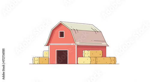 Classic red wooden farm barn with hay bales isolated on a white background.