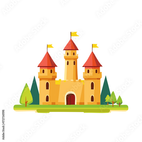 Cartoon Medieval Castle with Towers and Flags Surrounded by Greenery
