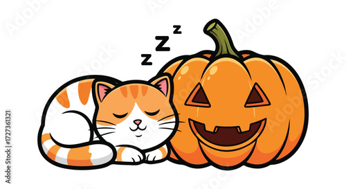 Cute Orange Tabby Cat Sleeping Next to a Halloween Pumpkin.