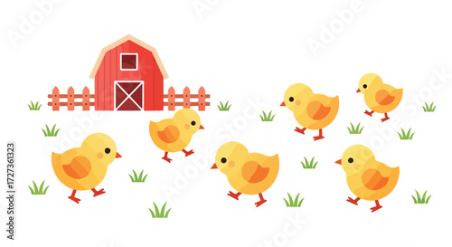 Adorable yellow chicks running around a farmyard.