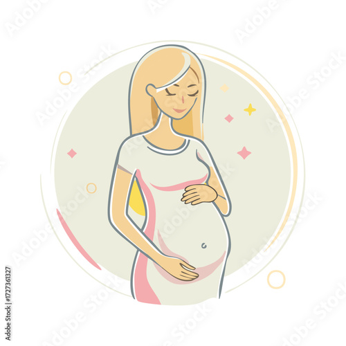 Blonde expectant woman wearing dress holding her belly filled with new life joyfully expecting future family