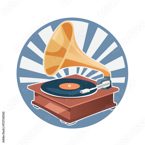 Antique phonograph with golden horn playing record music in retro vector style design featuring stylized sunburst