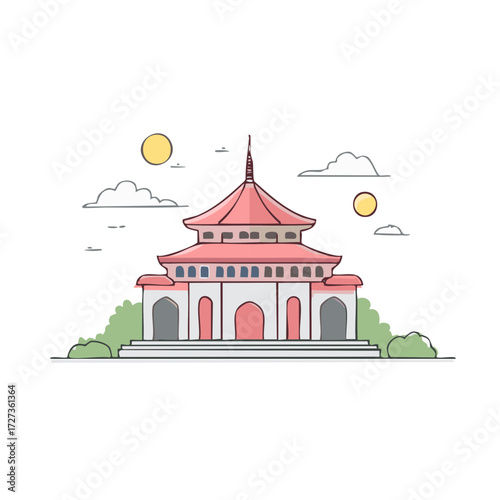 Cartoon vector illustration of a traditional Asian pagoda temple with a pink roof under a sunny sky