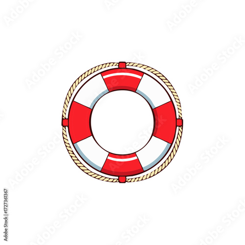 Vivid Red and White Life Preserver with Rope Detail Illustration for Water Safety