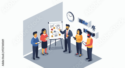 A business team gathers around a whiteboard during a presentation, discussing strategy and workflow in a modern office setting.