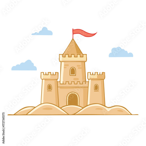 Whimsical Sand Castle with Red Flag and Sky Clouds Cute Cartoon Illustration