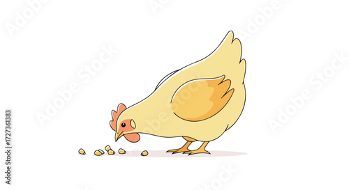 Chicken eating seeds on the ground, focused on the chicken and its actions.
