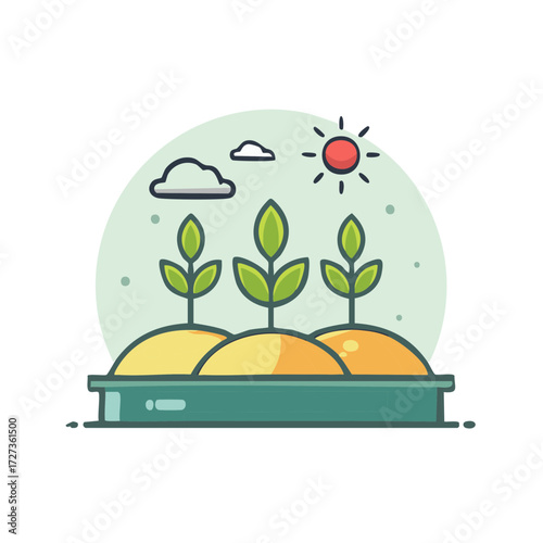 Three green plant sprouts growing in fertile soil in a garden container under a bright sun and cloud