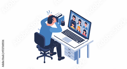 A stressed man holds his head while participating in a video conference call with colleagues.