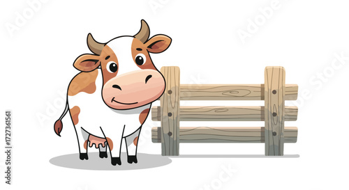 Cartoon Cow with Brown Spots Standing near Wooden Fence Illustration.