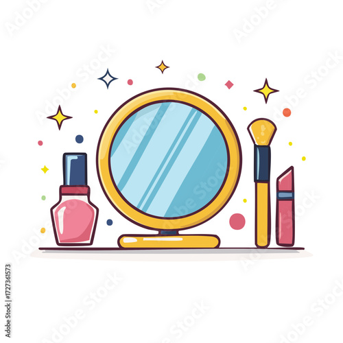 Cute makeup accessories including a mirror, lipstick, and nail polish with sparkles