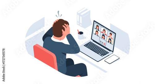 Stressed businessman experiencing frustration during a virtual meeting with colleagues on laptop.