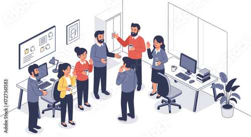 A group of colleagues in a modern office are having a conversation during a break, some holding cups.