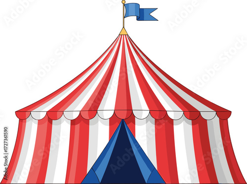 Colorful circus tent illustration, red white striped canopy, festive carnival clipart, traditional circus design, fun fair vector, entertainment icon