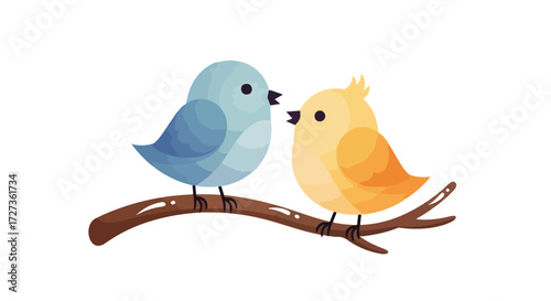 Two birds perched on a branch, a blue bird and an orange bird, cute and colorful.