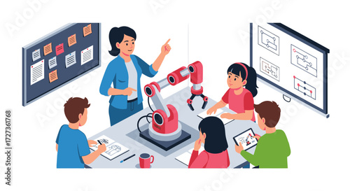 Robotics class Students learning about robots and programming with their teacher in a classroom setting