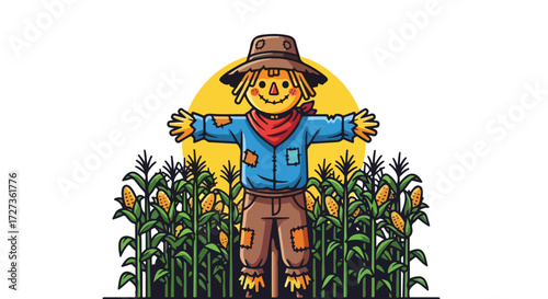 Happy cartoon scarecrow with a stitched smile and patched clothes.
