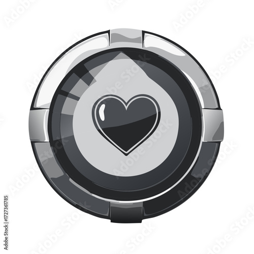 Monochromatic metallic button with glossy heart icon centered within concentric rings