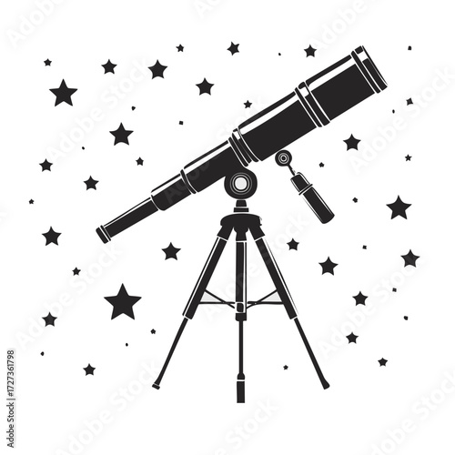 Astronomical telescope on a tripod for stargazing at the night sky black and white vector icon