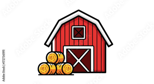 Red barn with hay bales in front of the entrance, rural scene.