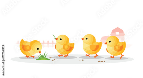 Four adorable yellow chicks exploring and pecking at the ground.