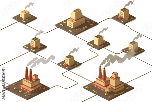 Isometric industrial factory network with interconnected plants, smokestacks, and logistics for supply chain, manufacturing, and business infrastructure design visuals.