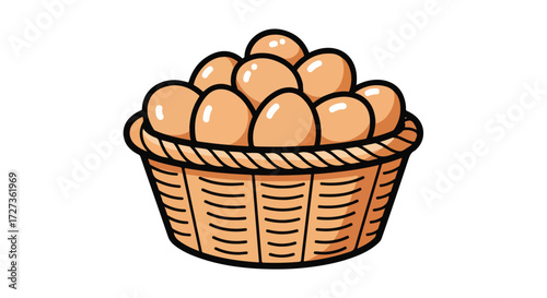 Cartoon illustration of a wicker basket full of fresh brown eggs.