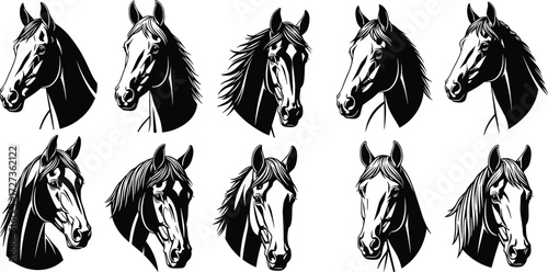Horse head illustrations, black and white equine art, stylized mane designs, diverse profile drawings, animal vector icons, elegant horse graphics, tattoo elements