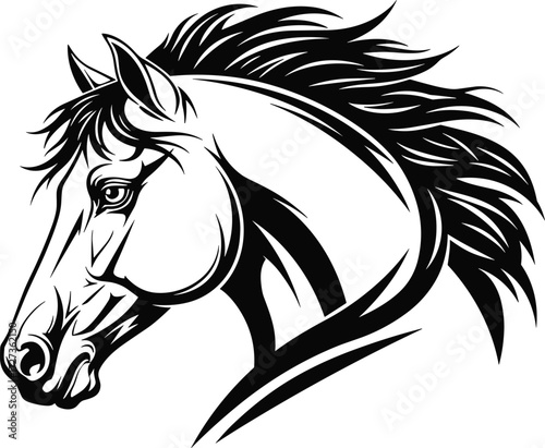 Horse head illustration, black and white profile, stylized equine art, flowing mane vector, elegant animal design, minimalistic horse graphic, tattoo icon